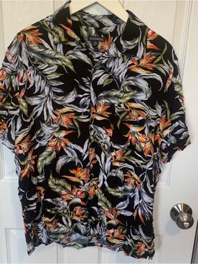 George Black Button-Up Shirt with Green, White & Orange Tropical Print